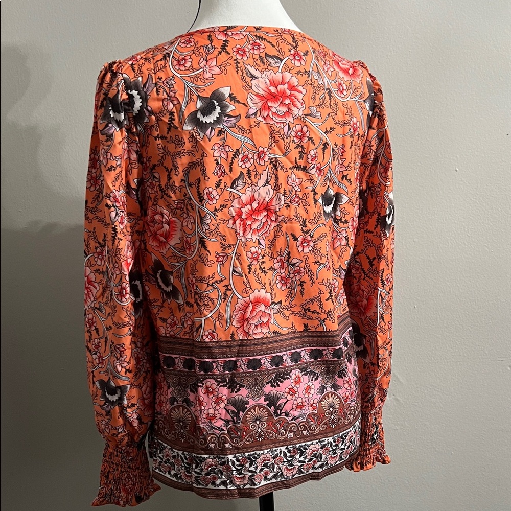 Boho Floral Print Lantern Sleeve Tie Front Blouse - Picture 6 of 8